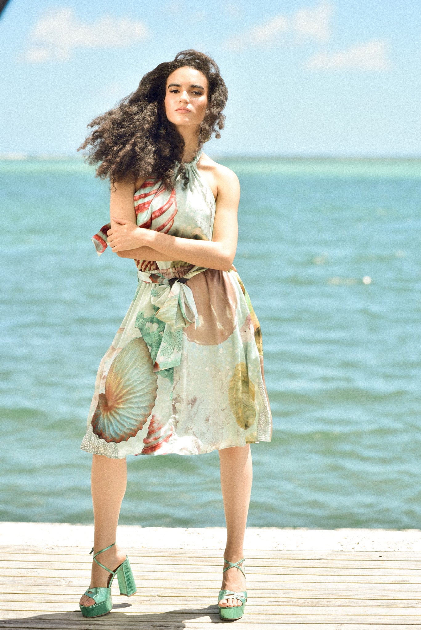 Silk Halter Seafoam Coral Dress