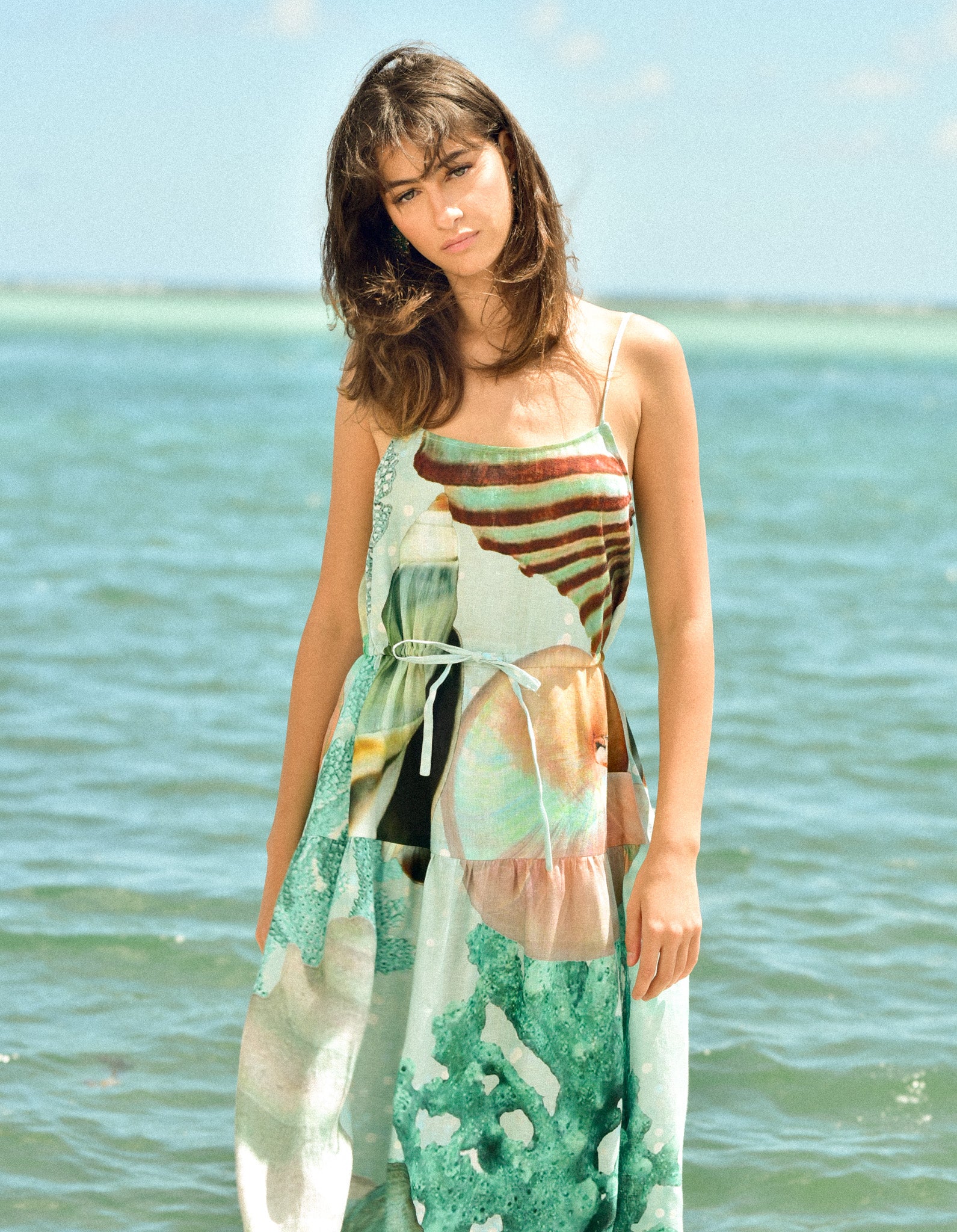 Strappy Seafoam Linen Coral Dress