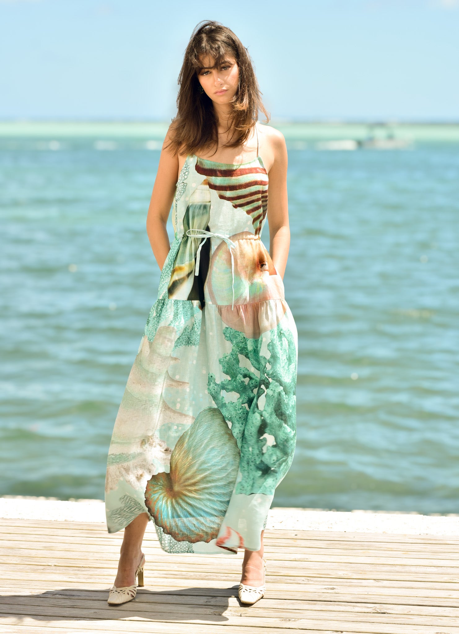 Strappy Seafoam Linen Coral Dress