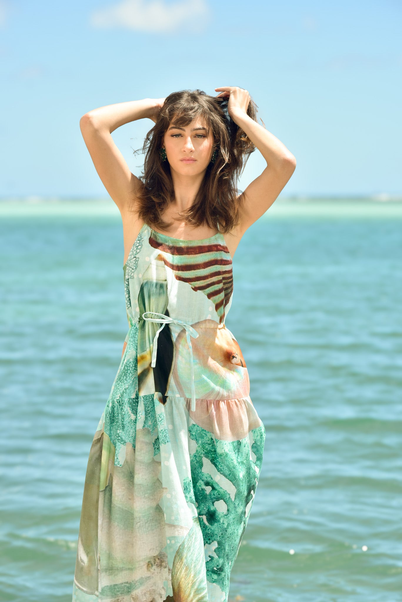 Strappy Seafoam Linen Coral Dress