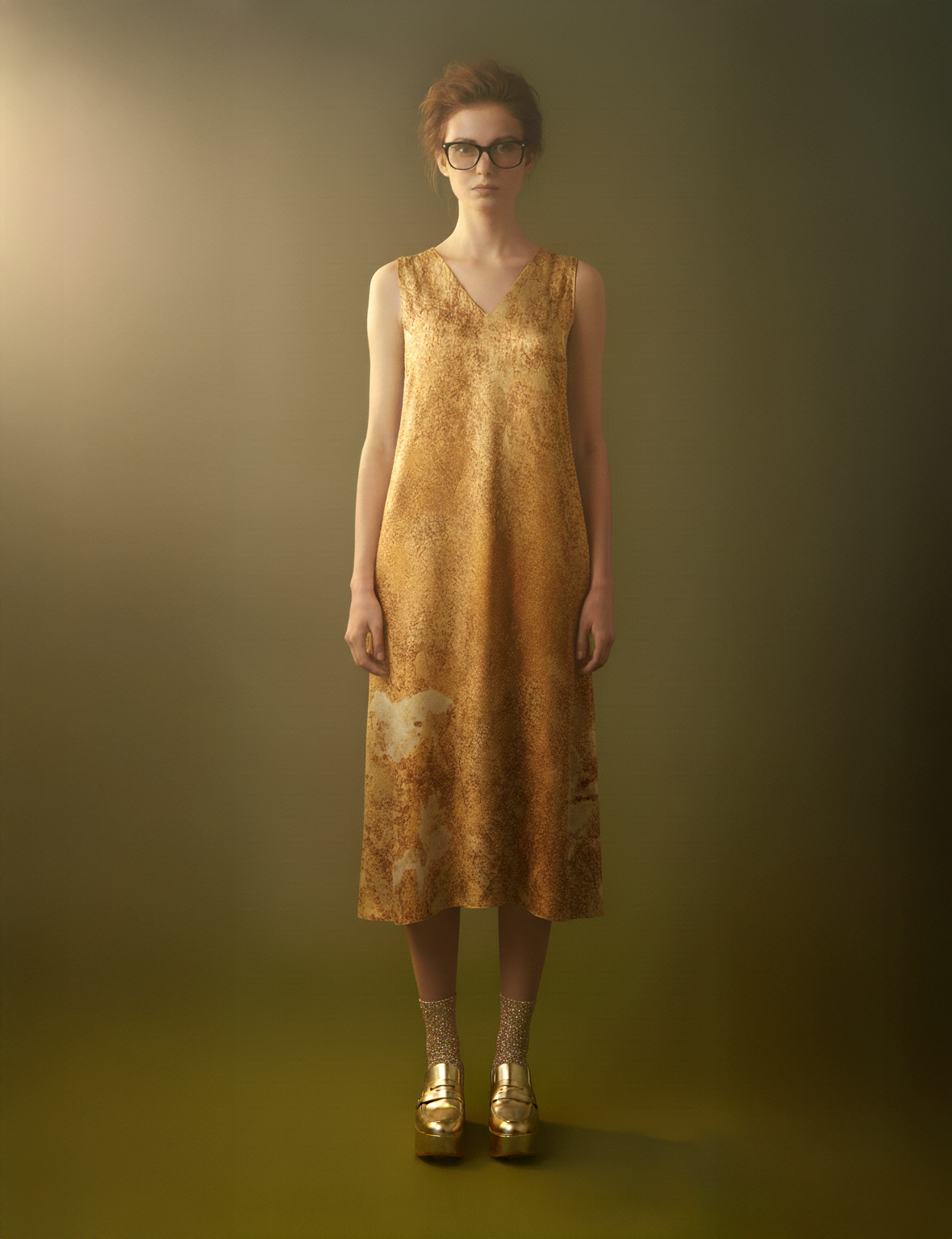 Gold Palm Sleeveless Silk Charmeuse Dress