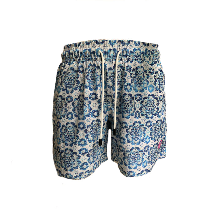 Blue Flower Pattern Swim Trunks